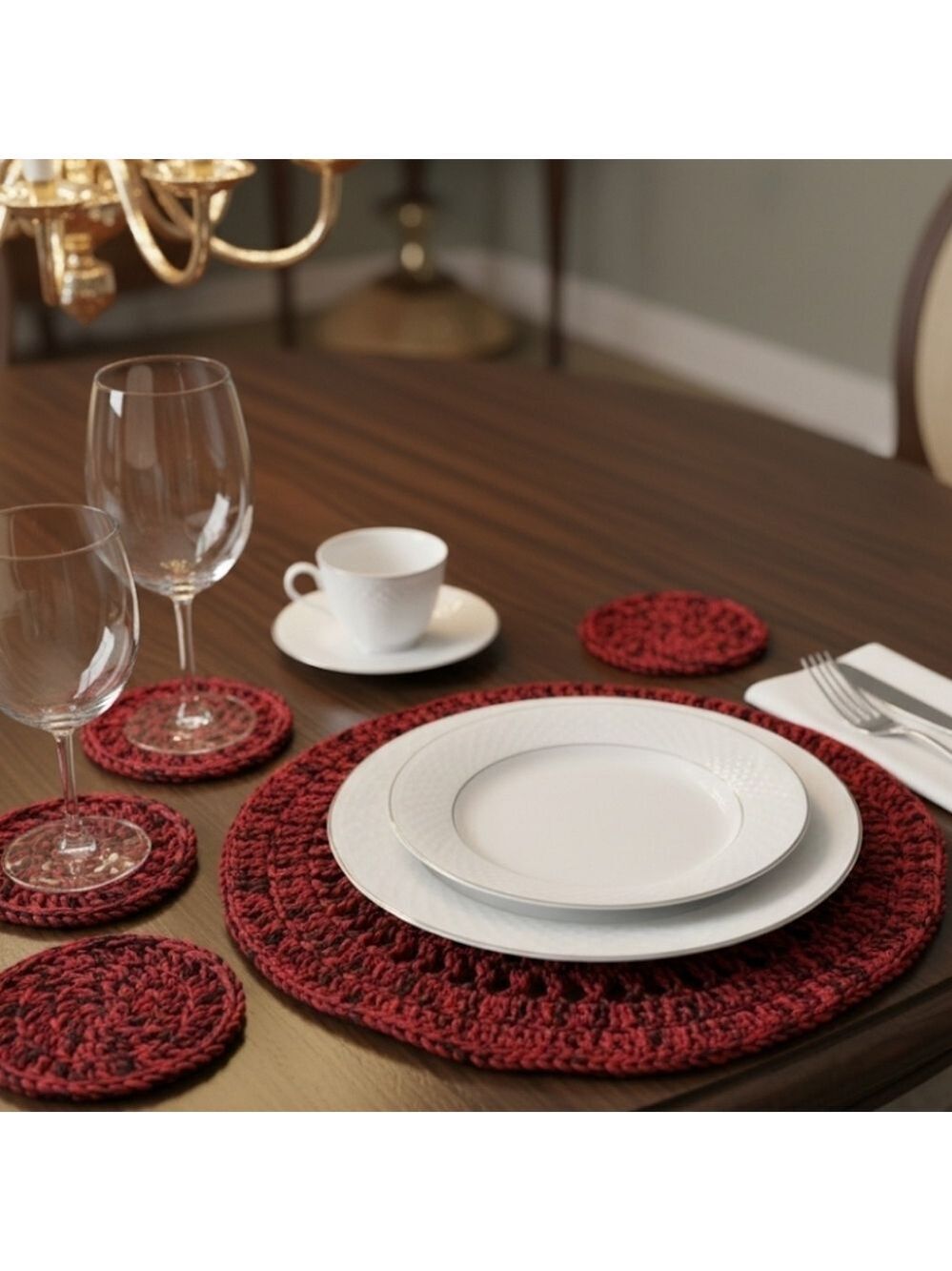 Hand Crafted Hand Knit Crochet Coaster 6pc Set Red & black double stitch floral